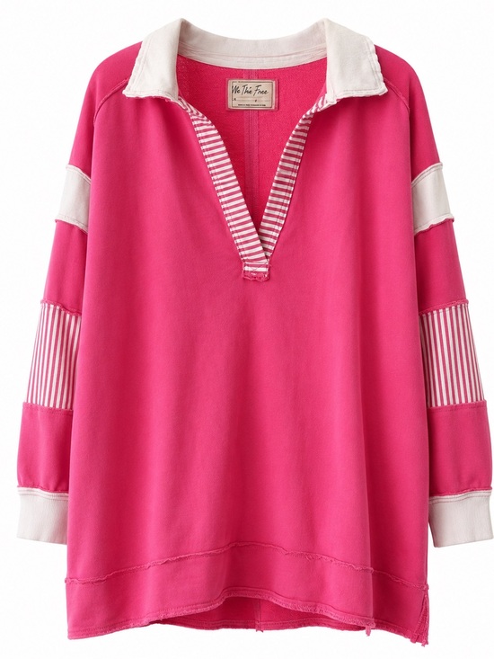 Free People Sweaters - We The Free Hot Pink Pullover rugby Jersey sweater with White Striped Trim